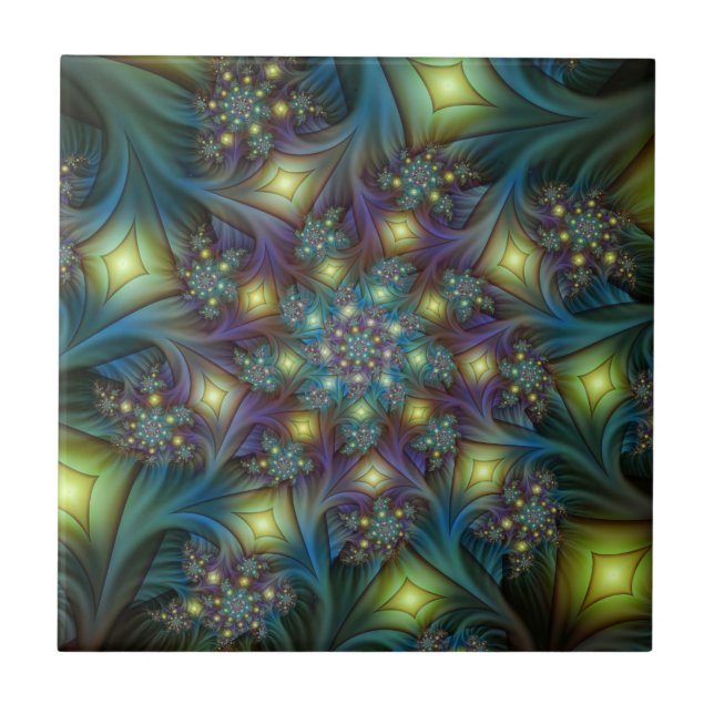Illuminated Abstract Shiny Teal Purple Fractal Art Tile (Front)