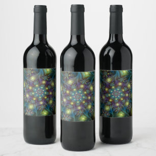 Illuminated Abstract Shiny Teal Purple Fractal Art Wine Label