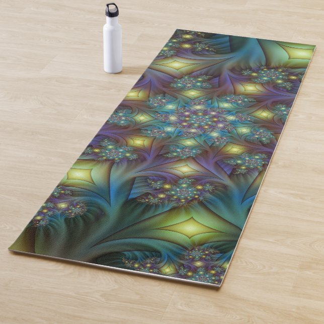 Illuminated Abstract Shiny Teal Purple Fractal Art Yoga Mat (In Situ)