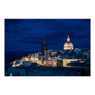 Illuminated at night Valletta old town and harbor Poster
