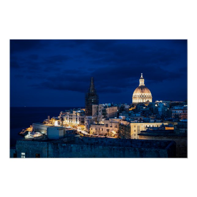 Illuminated at night Valletta old town and harbor Poster (Front)