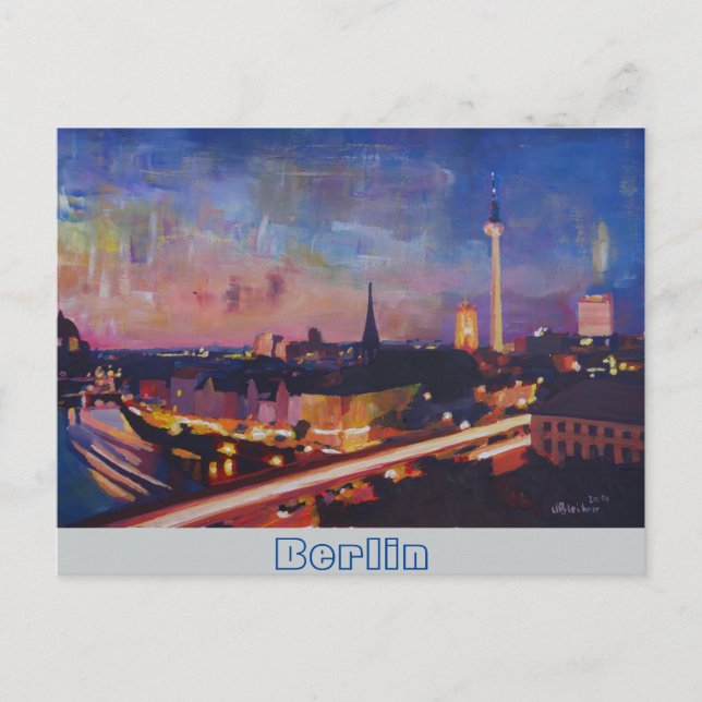 Illuminated Berlin Skyline at Dusk Postcard (Front)