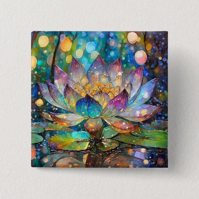 Illuminated Blooming Lotus Flower 2 Inch Square Button (Front)