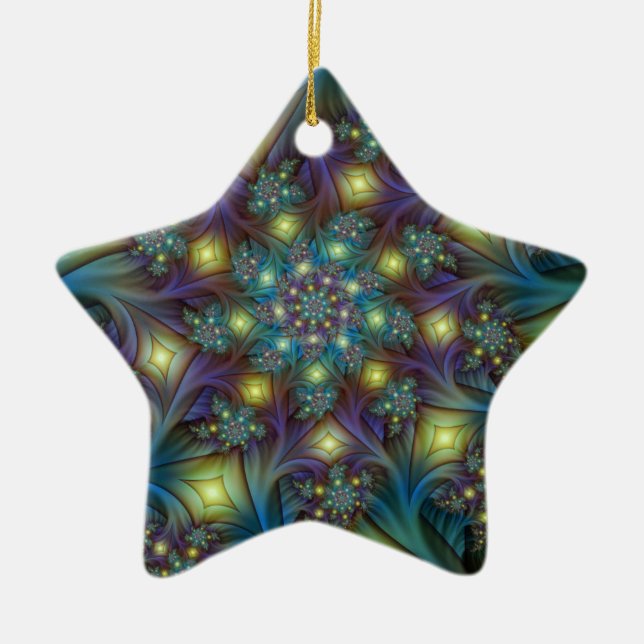 Illuminated blue purple Fractal Art Pattern Star Ceramic Ornament (Front)