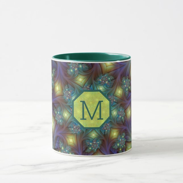 Illuminated Colourful Fractal Art Pattern Monogram Mug (Center)