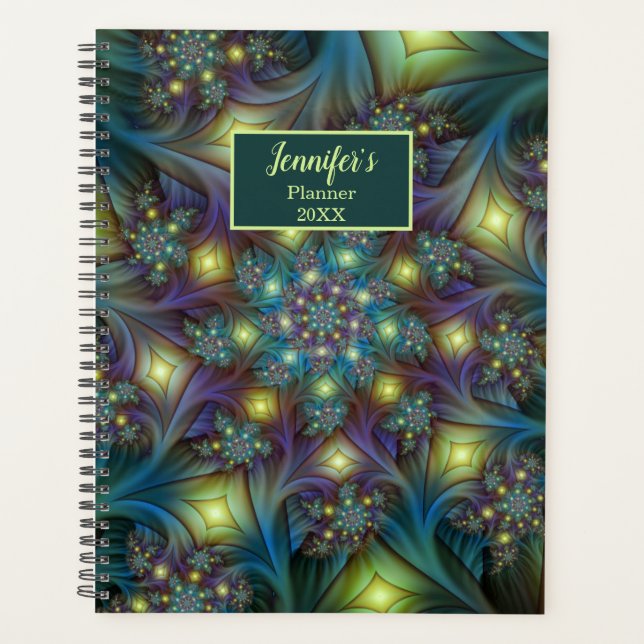 Illuminated modern blue purple Fractal Art Name Planner (Front)