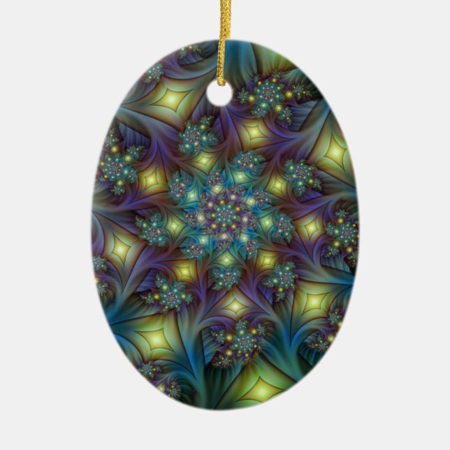 Illuminated modern blue purple Fractal Pattern Ceramic Ornament (Front)