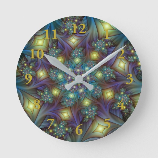 Illuminated modern blue purple Fractal Pattern Round Clock (Front)