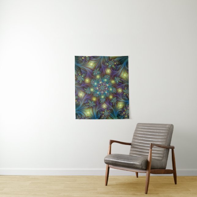 Illuminated modern blue purple Fractal Pattern Tapestry (In Situ)