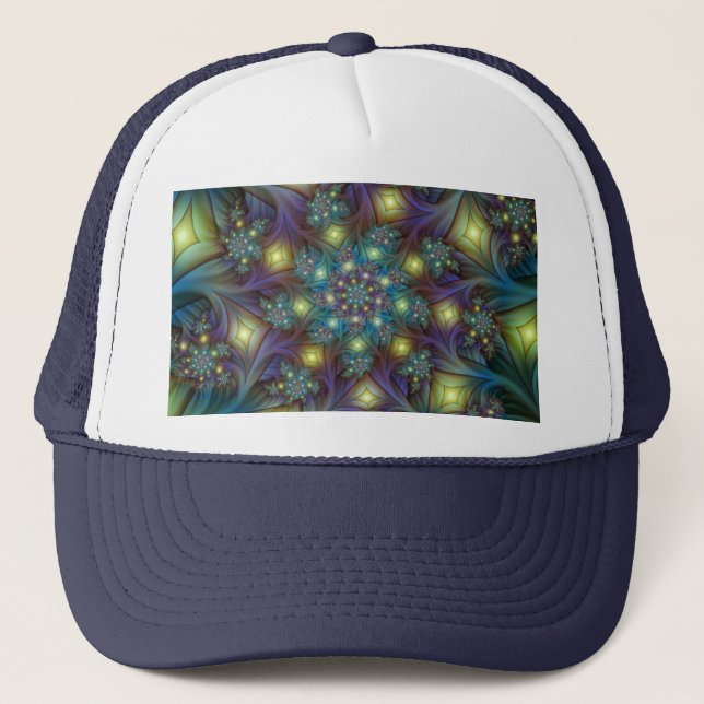Illuminated modern blue purple Fractal Pattern Trucker Hat (Front)