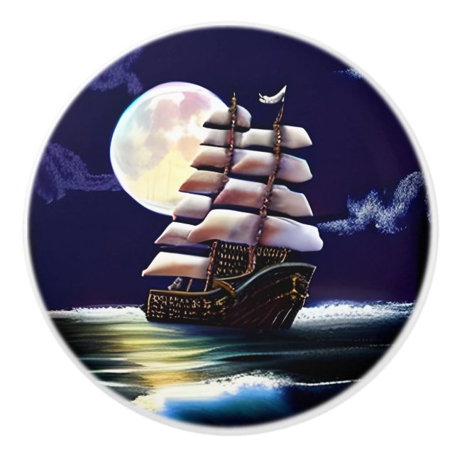 Illuminated Ship on the Ocean under the Moon Ceramic Knob (Front)
