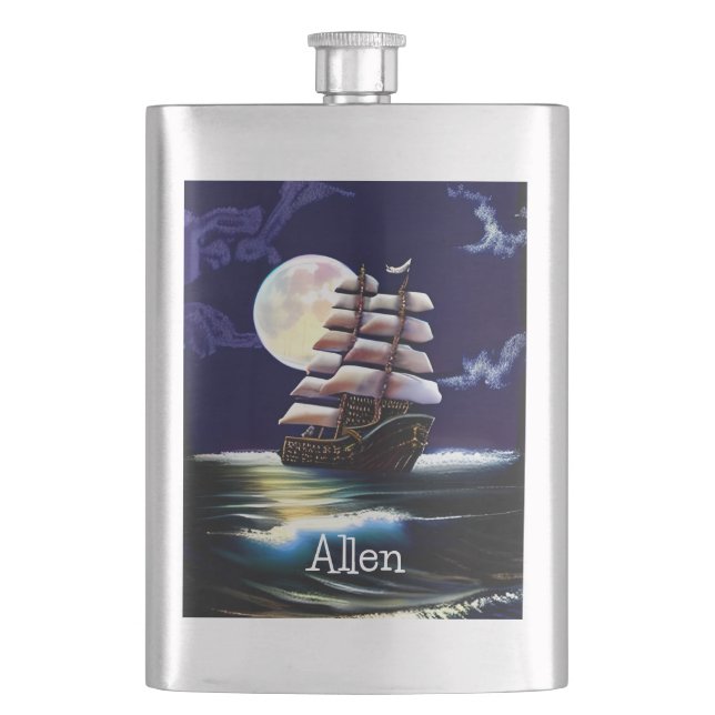Illuminated Ship on the Ocean under the Moon  Hip Flask (Front)