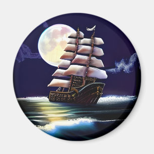 Illuminated Ship on the Ocean under the Moon Magnet