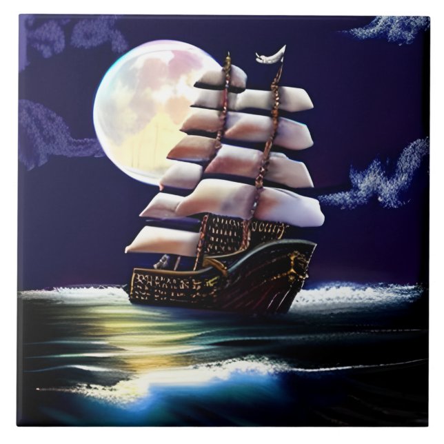 Illuminated Ship on the Ocean under the Moon Tile (Front)
