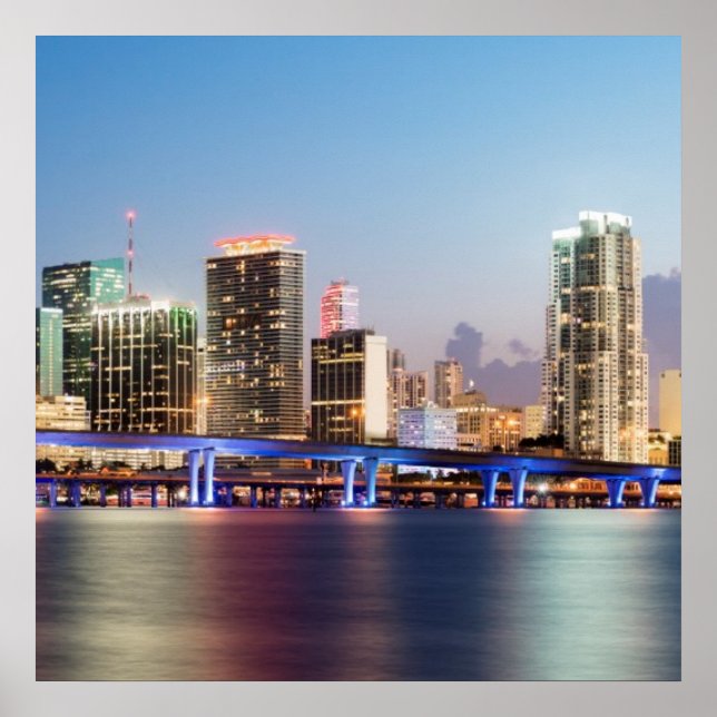 Illuminated skyline of downtown Miami at dusk Poster (Front)