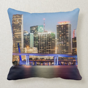 Illuminated skyline of downtown Miami at dusk Throw Pillow