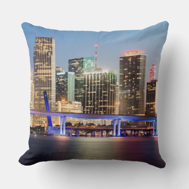 Illuminated skyline of downtown Miami at dusk Throw Pillow (Front)