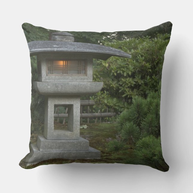 Illuminated stone lantern in Japanese Garden Throw Pillow (Front)