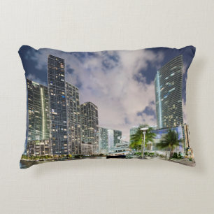 Illuminated towers at the Miami River waterfront Decorative Pillow