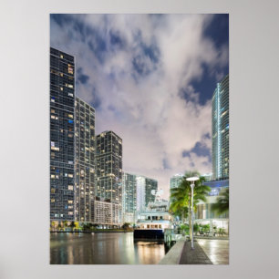 Illuminated towers at the Miami River waterfront Poster