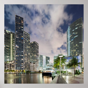 Illuminated towers at the Miami River waterfront Poster