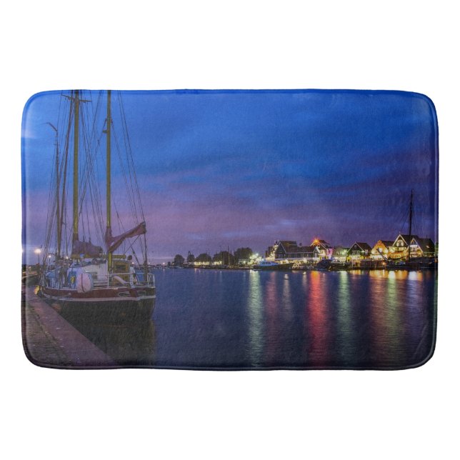 Illuminated Volendam harbor at night Bath Mat (Front)