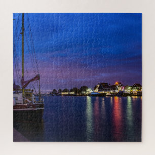 Illuminated Volendam harbor at night Jigsaw Puzzle