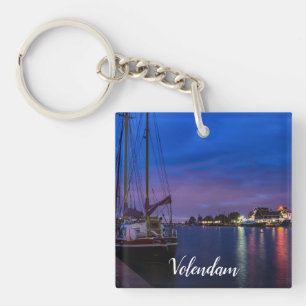 Illuminated Volendam harbor at night Keychain