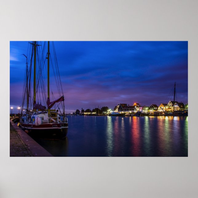 Illuminated Volendam harbor at night Poster (Front)