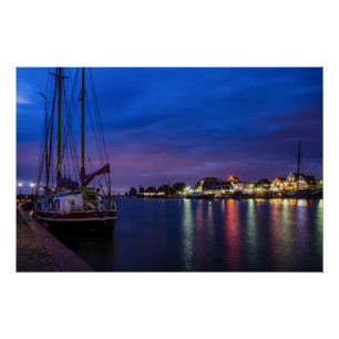 Illuminated Volendam harbor at night Poster