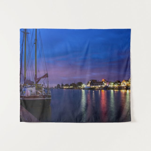 Illuminated Volendam harbor at night Tapestry (Front (Horizontal))