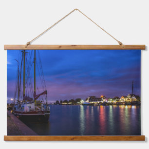 Illuminated Volendam harbour at night Hanging Tapestry
