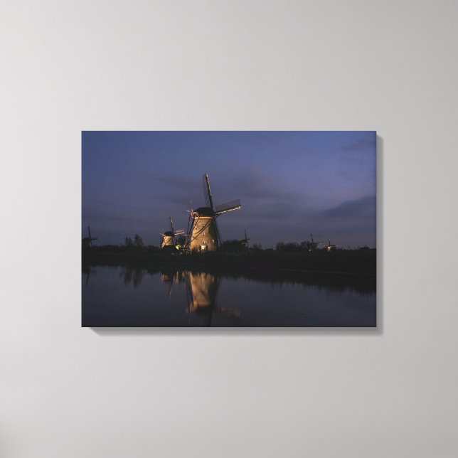 Illuminated windmill at Blue Hour canvas print (Front)