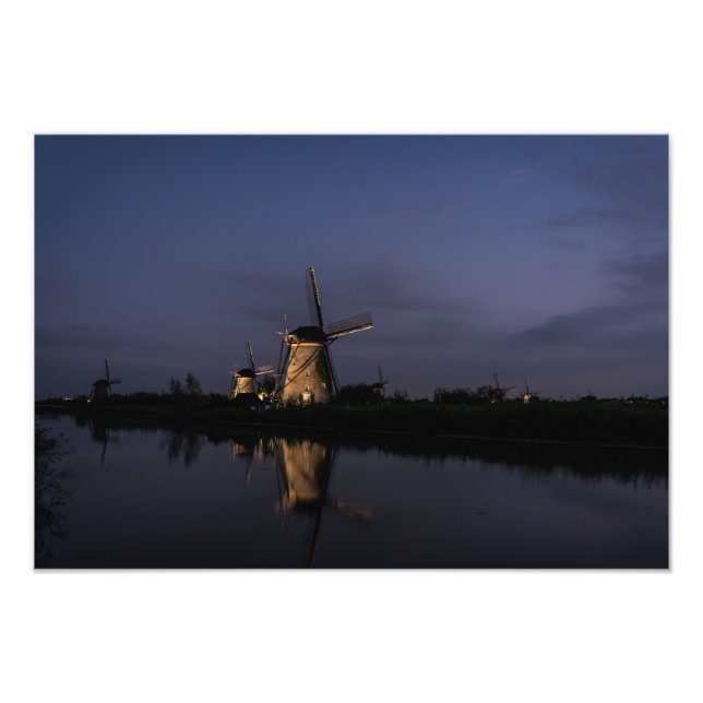 Illuminated windmill at Blue Hour photo print (Front)