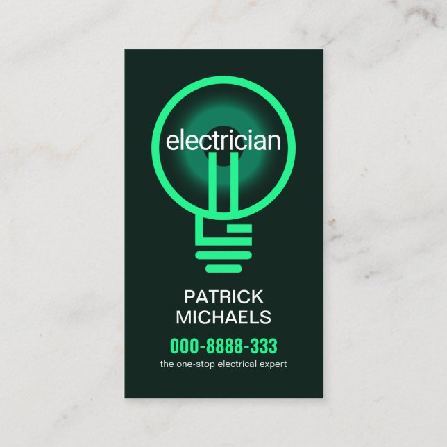 illuminating Green Electrician Bulb Filament Business Card (Front)