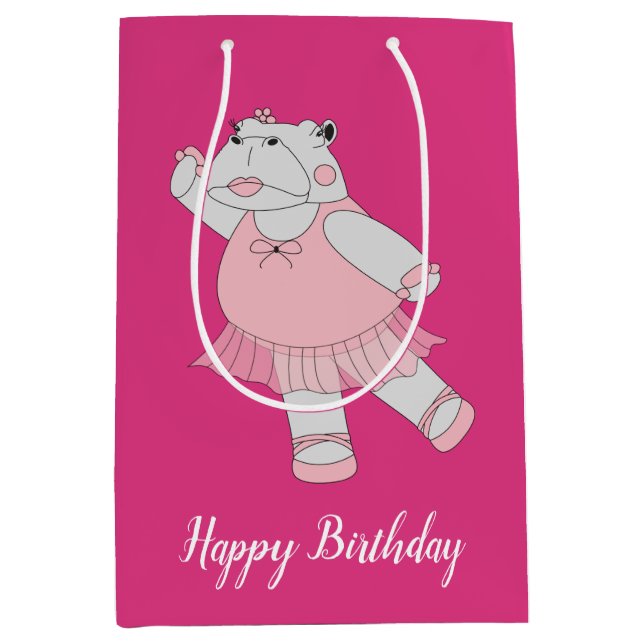 illusima Ballerina Hippo Pink With Text Medium Gift Bag (Front)