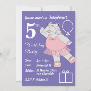 illusima Ballerina Hippo Purple Birthday Party Invitation