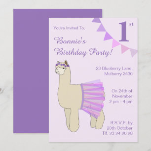 illusima Ballerina Llama Purple Flags Birthday Invitation