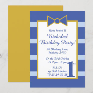 illusima Blue Stripes Boys Gold Bow Birthday Party Invitation