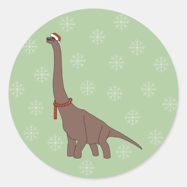 illusima Brown Long Neck Dinosaur Christmas Classic Round Sticker (Front)