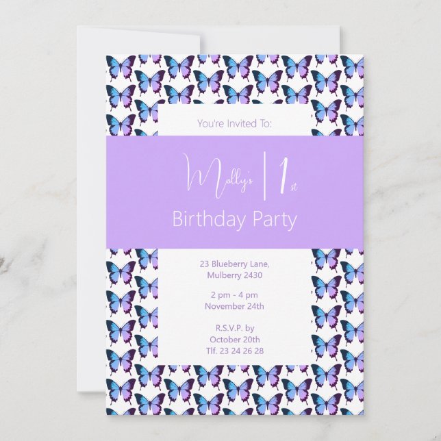 illusima Butterfly Pattern Purple 1st Birthday Invitation (Front)