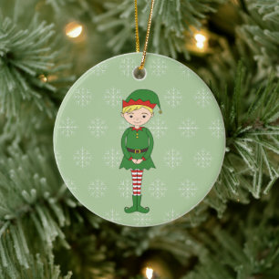 illusima Christmas Boy Elf Snowflakes Green Ceramic Ornament