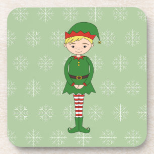 illusima Christmas Boy Elf Snowflakes Green Coaster
