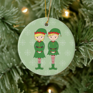 illusima Christmas Elves Snowflakes Green Ceramic Ornament