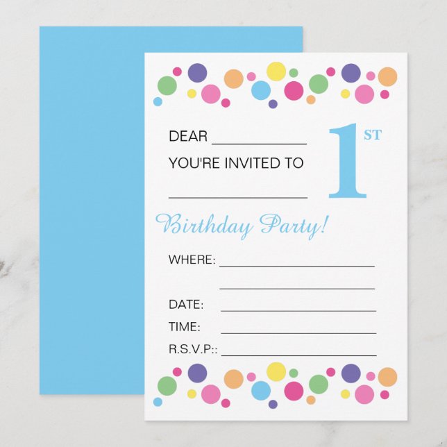 illusima Circles, Blue Back, 1st Birthday Party Invitation (Front/Back)
