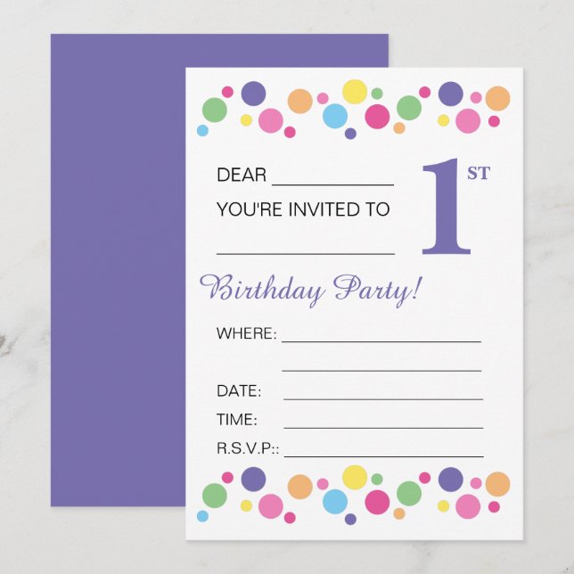illusima Circles, Purple Back, 1st Birthday Party Invitation (Front/Back)