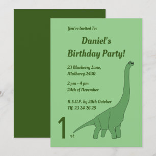 illusima Green Long Necked Dinosaur Boys Birthday Invitation