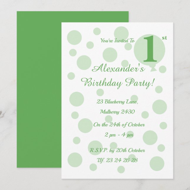 illusima Green Spots and Dots Boys 1st Birthday Invitation (Front/Back)