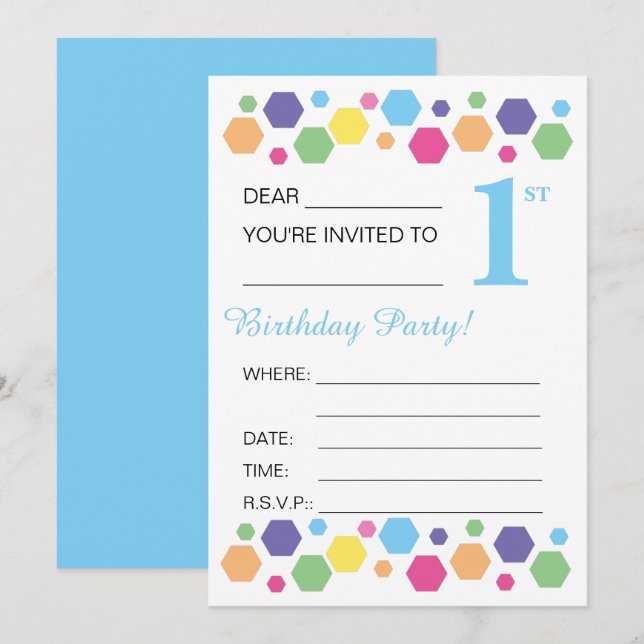 illusima Hexigons, Blue, 1st Birthday Party Invitation (Front/Back)