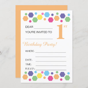 illusima Hexigons, Orange, 1st Birthday Party Invitation